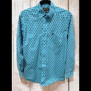 Ariat Men’s Button Down Western Shirt Sz Small Blue Horseshoe Cowboy Rodeo